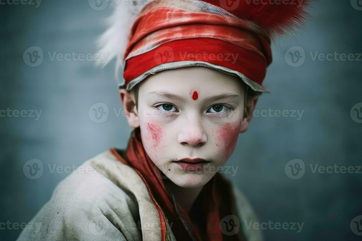 AI generated The Mysterious Warrior - A Young Boy with Painted Faces and Blood photo