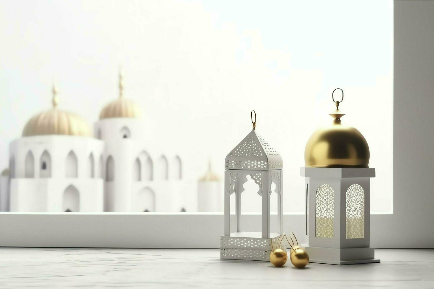 Eid mubarak and ramadan kareem greetings with islamic lantern and mosque. Eid al fitr background. Eid al fitr background of window concept by AI Generated photo