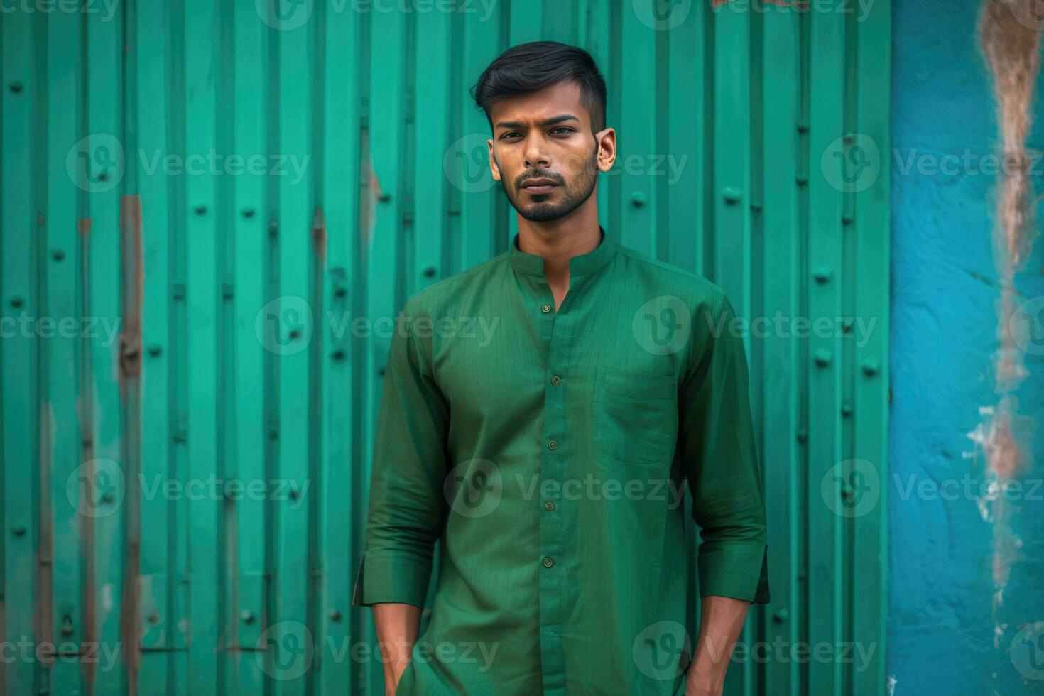 AI generated A young man in a green shirt stands in front of a green background photo