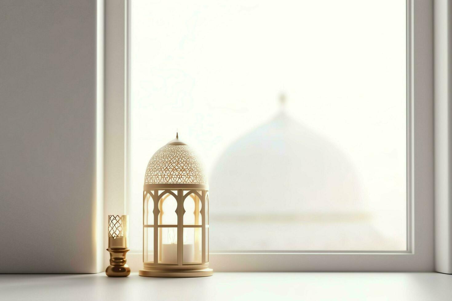 Eid mubarak and ramadan kareem greetings with islamic lantern and mosque. Eid al fitr background. Eid al fitr background of window concept by AI Generated photo