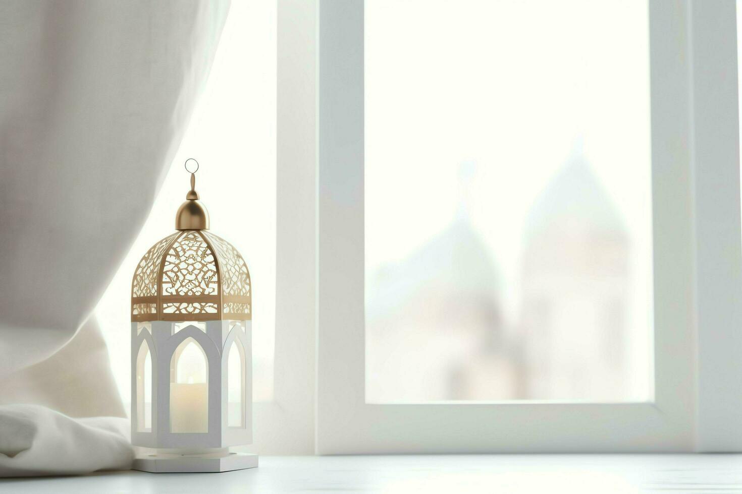 Eid mubarak and ramadan kareem greetings with islamic lantern and mosque. Eid al fitr background. Eid al fitr background of window concept by AI Generated photo