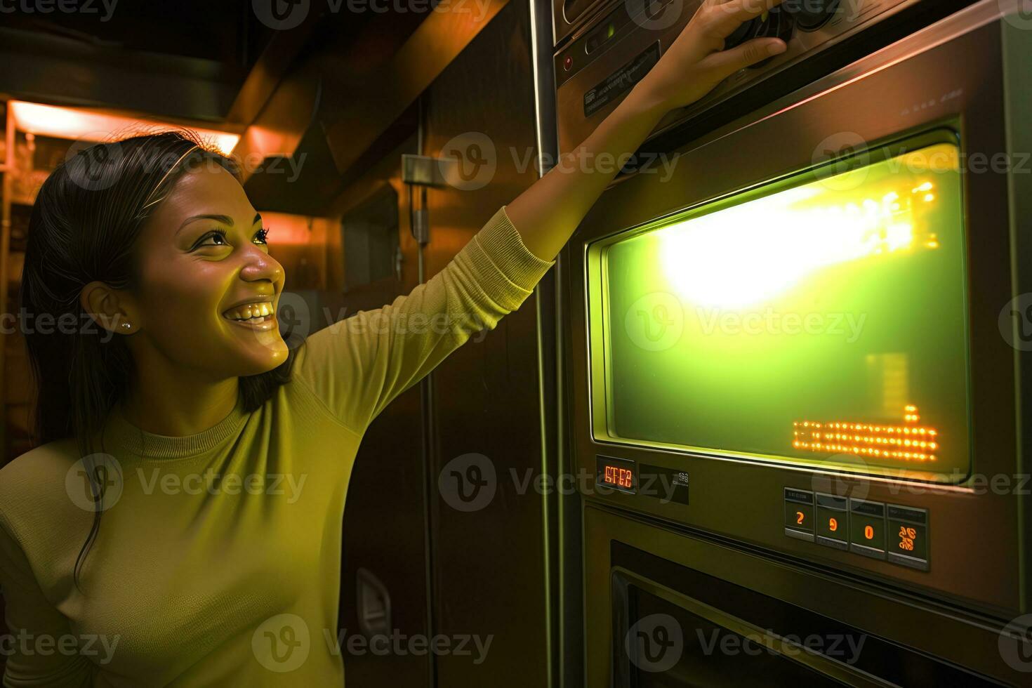 ai generado un mujer poniendo su manos en un horno mientras sonriente foto