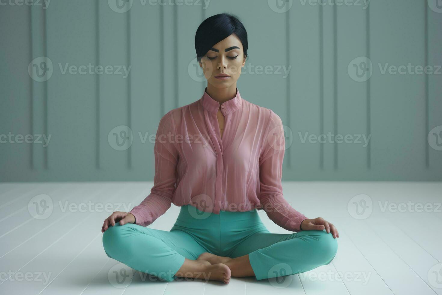 ai generado un mujer en un blanco blusa meditando en un azul sentado posición foto