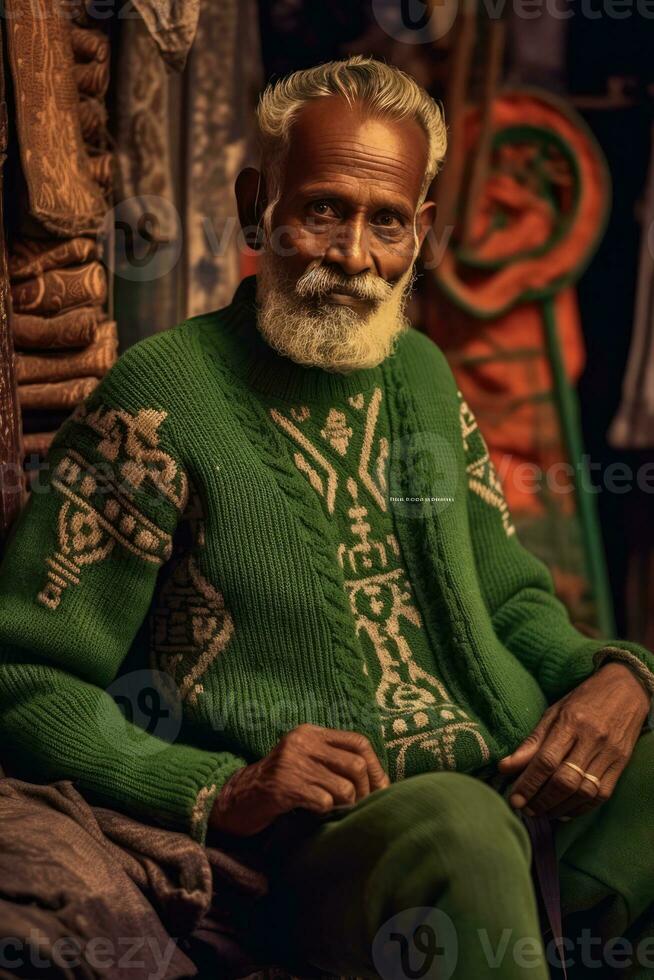 AI generated Aged man with a big mustache sits knitting a green sweater. photo