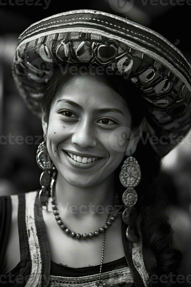 ai generado sonriente mujer vistiendo grande sombrero, posiblemente peruano, y collar foto