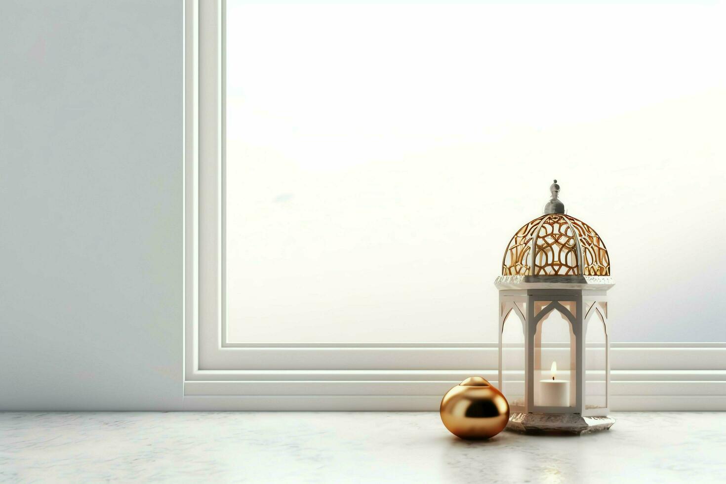 Eid mubarak and ramadan kareem greetings with islamic lantern and mosque. Eid al fitr background. Eid al fitr background of window concept by AI Generated photo