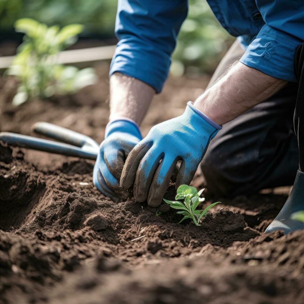 AI generated gardener using a trowel to plant a seedling in a pot with a vibrant, green background photo