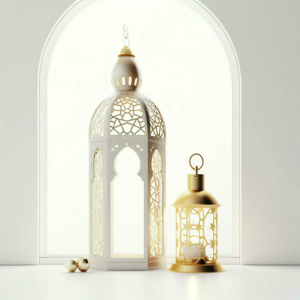 Eid mubarak and ramadan kareem greetings with islamic lantern and mosque. Eid al fitr background. Eid al fitr background of window concept by AI Generated photo