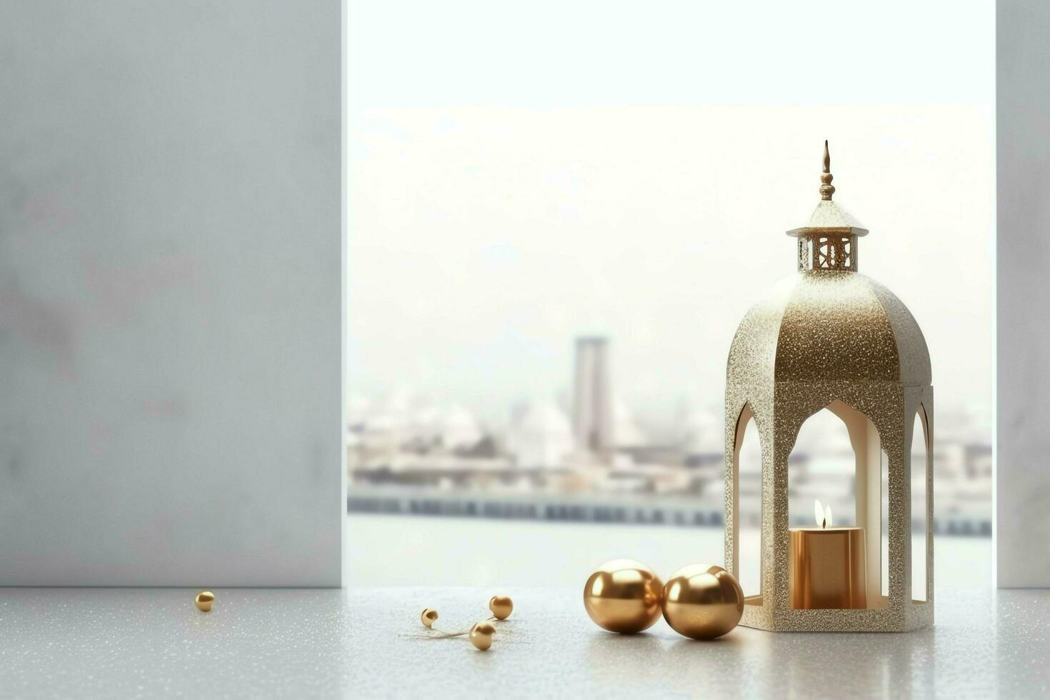 Eid mubarak and ramadan kareem greetings with islamic lantern and mosque. Eid al fitr background. Eid al fitr background of window concept by AI Generated photo