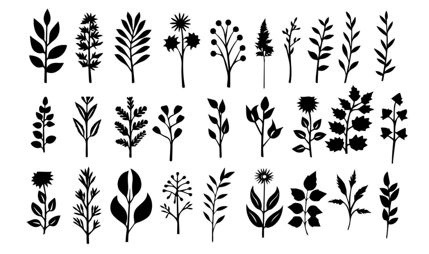 Set of black silhouettes of leaves and flowers. Vector illustration ...