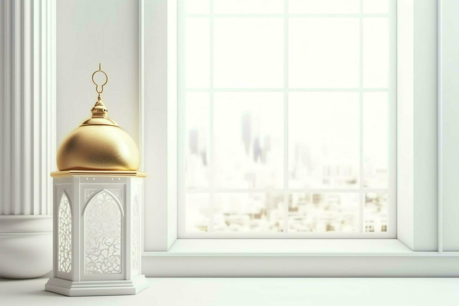 Eid mubarak and ramadan kareem greetings with islamic lantern and mosque. Eid al fitr background. Eid al fitr background of window concept by AI Generated photo