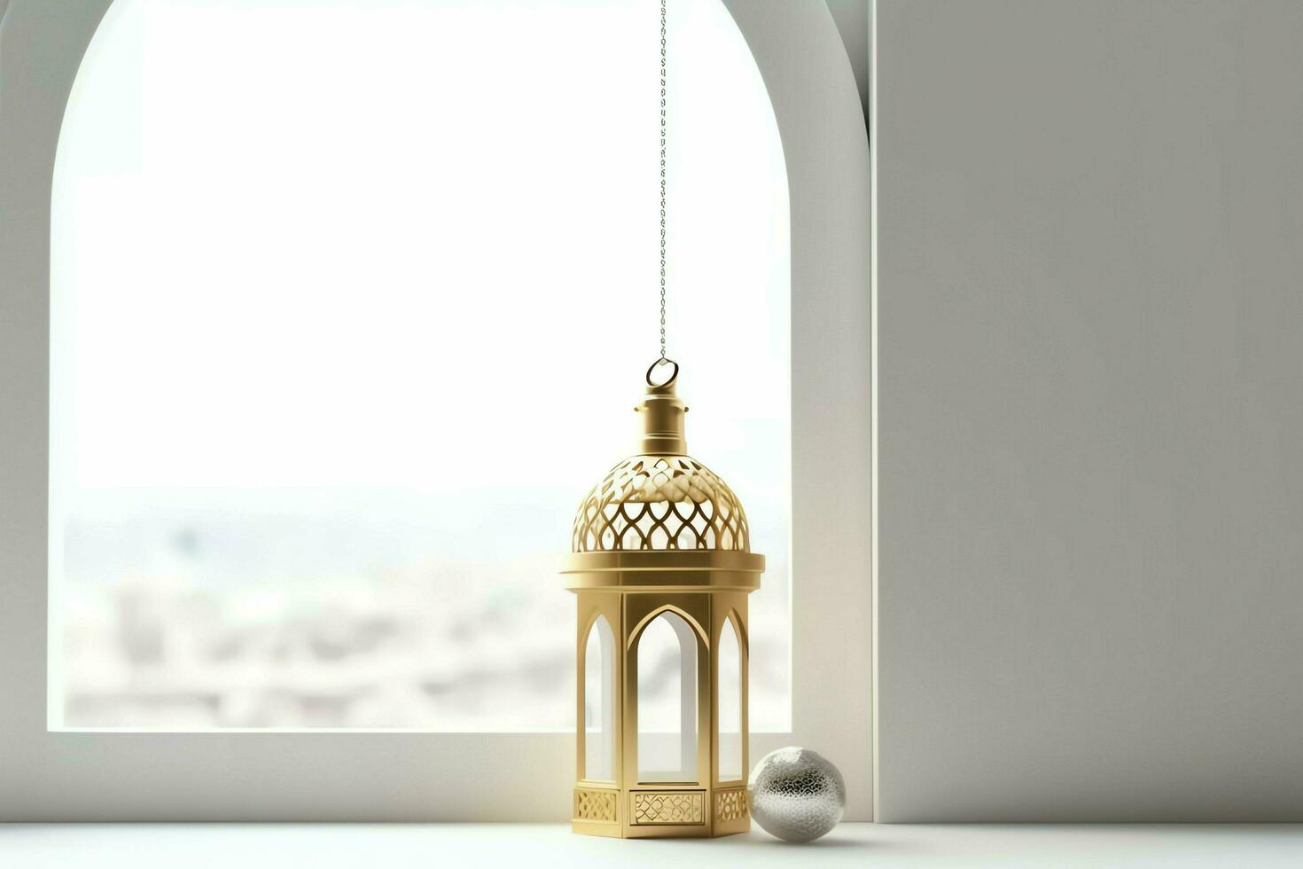 Eid mubarak and ramadan kareem greetings with islamic lantern and mosque. Eid al fitr background. Eid al fitr background of window concept by AI Generated photo