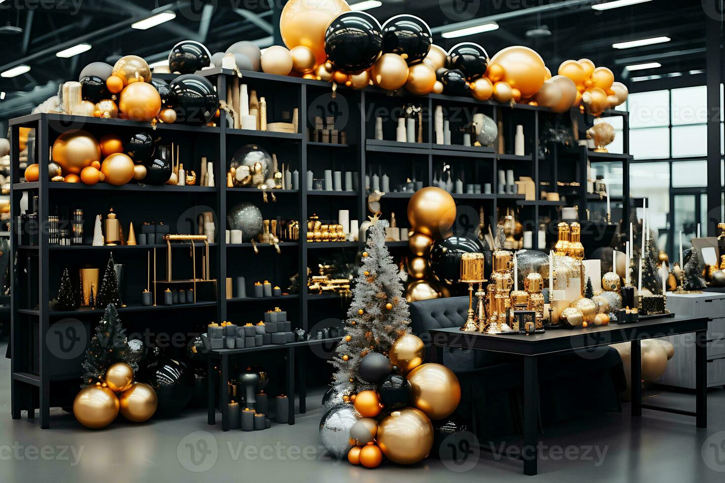 AI generated Luxurious black and gold Christmas decor on the shelves of a huge supermarket photo