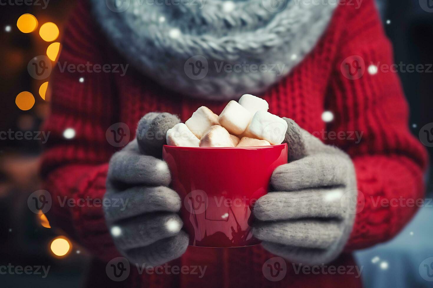 AI generated A man in a red knitted sweater, gloves and scarf holds a mug with a hot drink and marshmallows photo