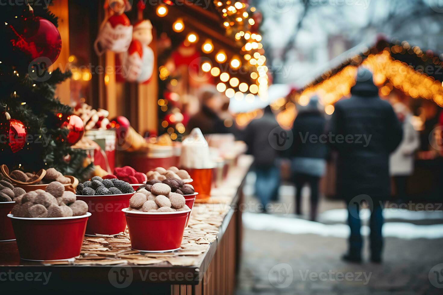 AI generated Christmas market stalls and shopping in the city center. Christmas shopping and fairy ambiance photo
