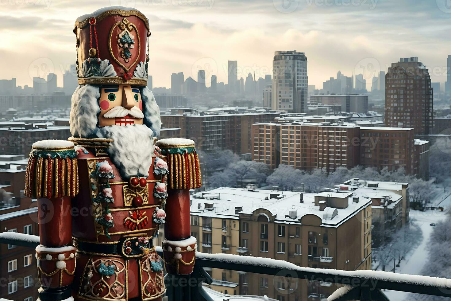 AI generated The figure of the Nutcracker stands on the roof of a building against the backdrop of a big city photo