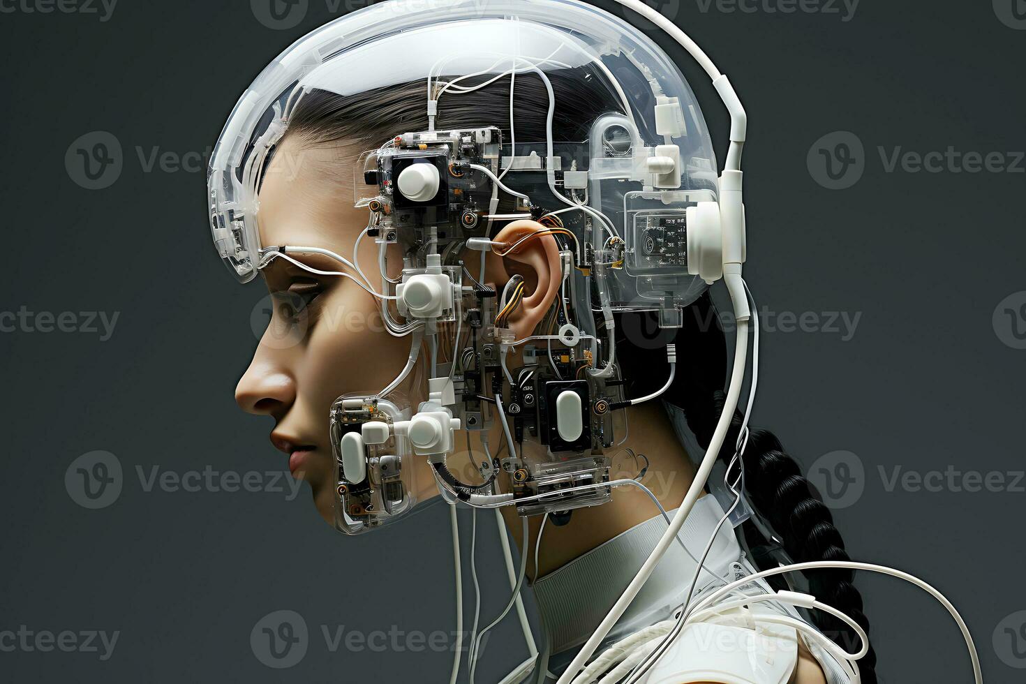 AI generated Young woman with an electrical device on her head. Biohacking concept, improving health and well-being using wearable technology photo