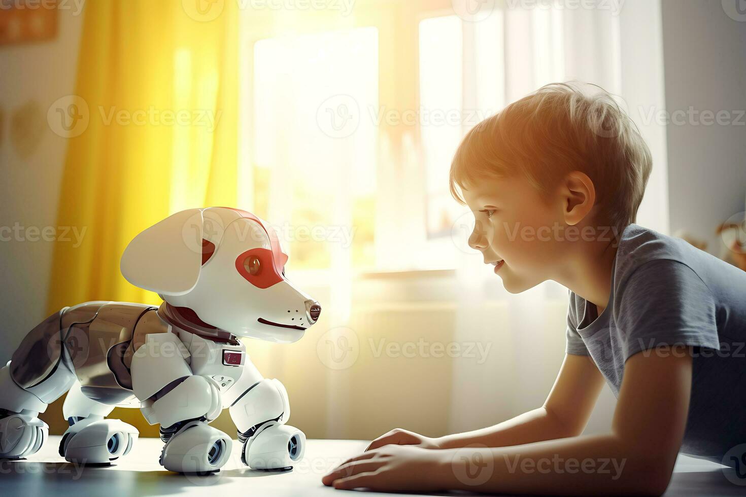 AI generated Boy child playing in his children's room with a robot dog photo