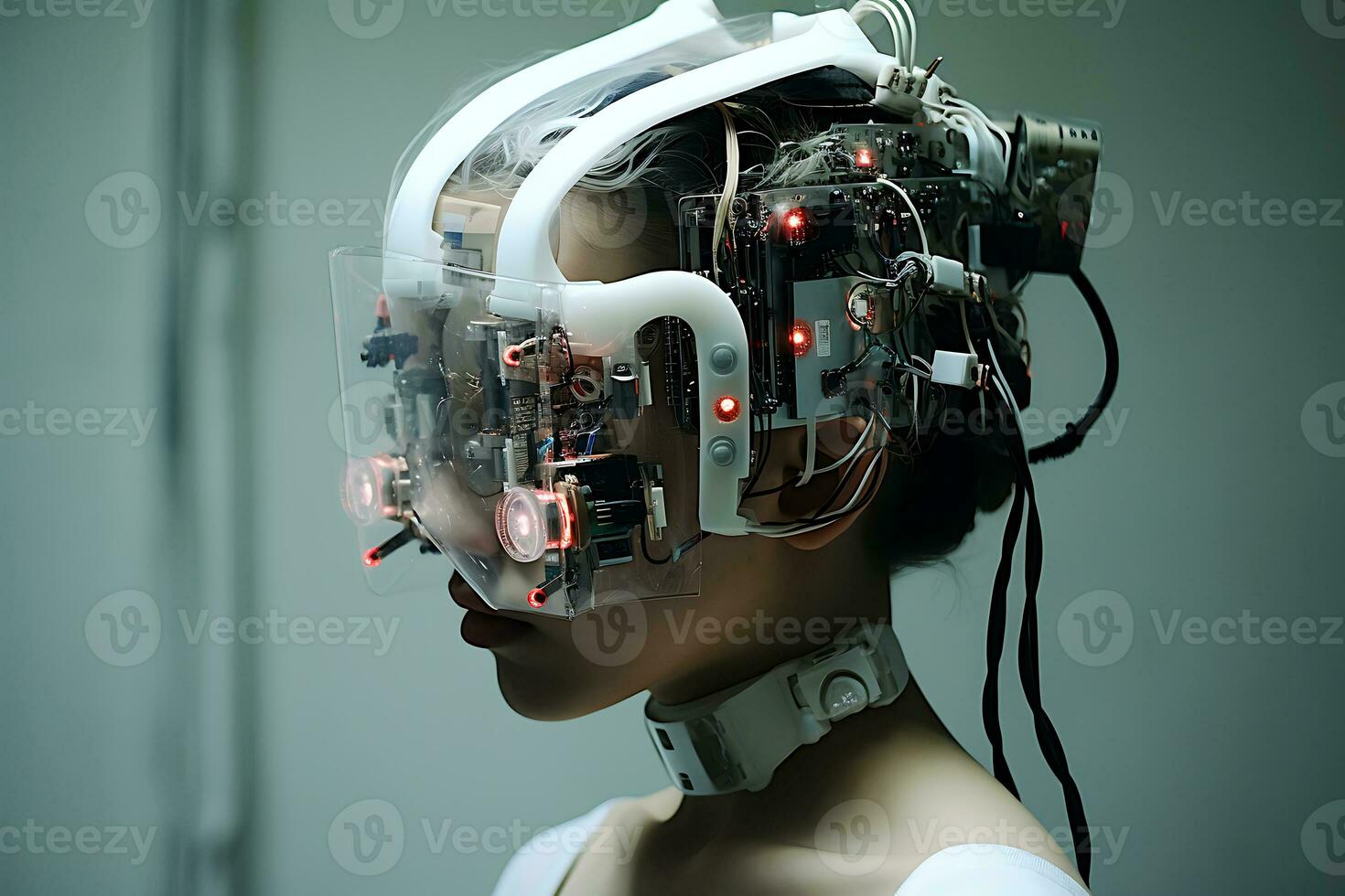 AI generated Young woman with an electrical device on her head. Biohacking concept, improving health and well-being using wearable technology photo