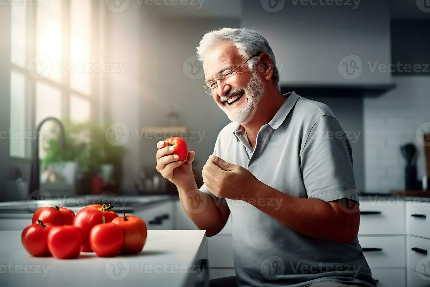AI generated A happy elderly man in a bright kitchen next to a table with fresh tomatoes on it. Biohacking concept, man improves body efficiency with healthy nutrition photo
