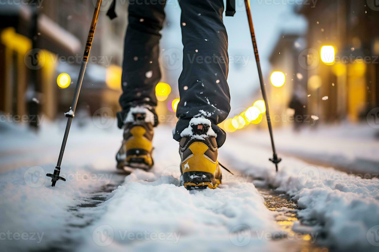 AI generated A man walks along a snowy street using ski poles due to the large amount of snow and slippery road. Close-up of feet photo