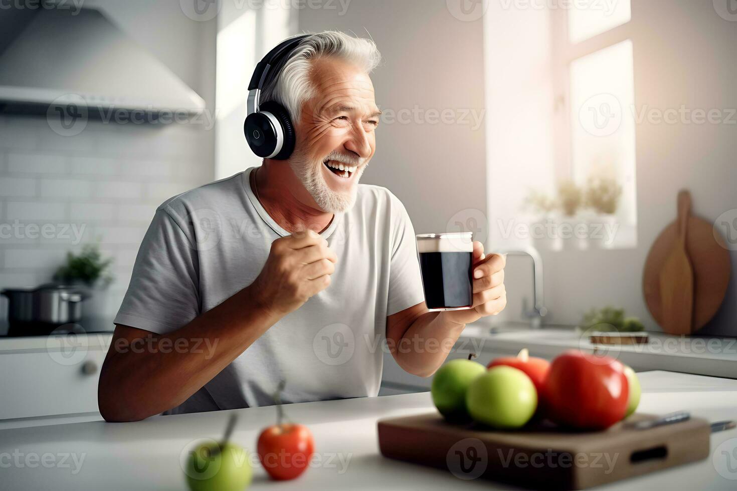AI generated A happy elderly man in a bright kitchen next to a table with fresh fruit on it. Biohacking concept, man improves body efficiency with healthy eating and positive thinking photo