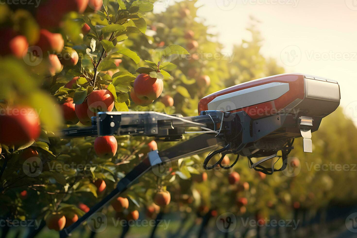 AI generated Drone picking ripe apples in an apple orchard photo