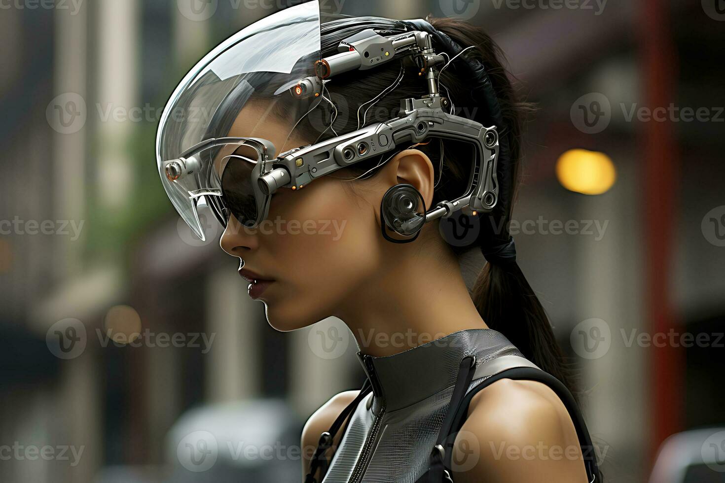 AI generated Young woman with an electrical device on her head. Biohacking concept, improving health and well-being using wearable technology photo