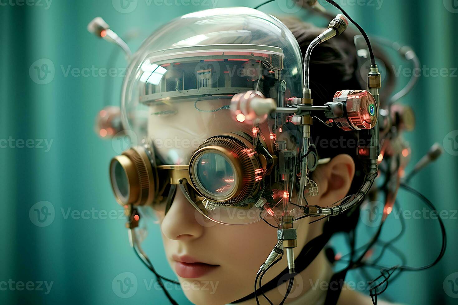 AI generated Young woman with an electrical device on her head. Biohacking concept, improving health and well-being using wearable technology photo