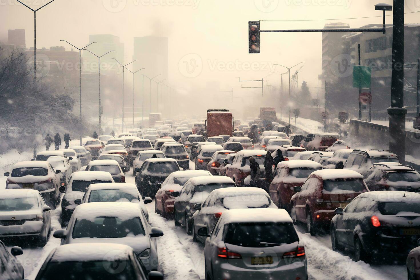 AI generated Many cars are stuck in a traffic jam on a snowy road after a snow storm photo