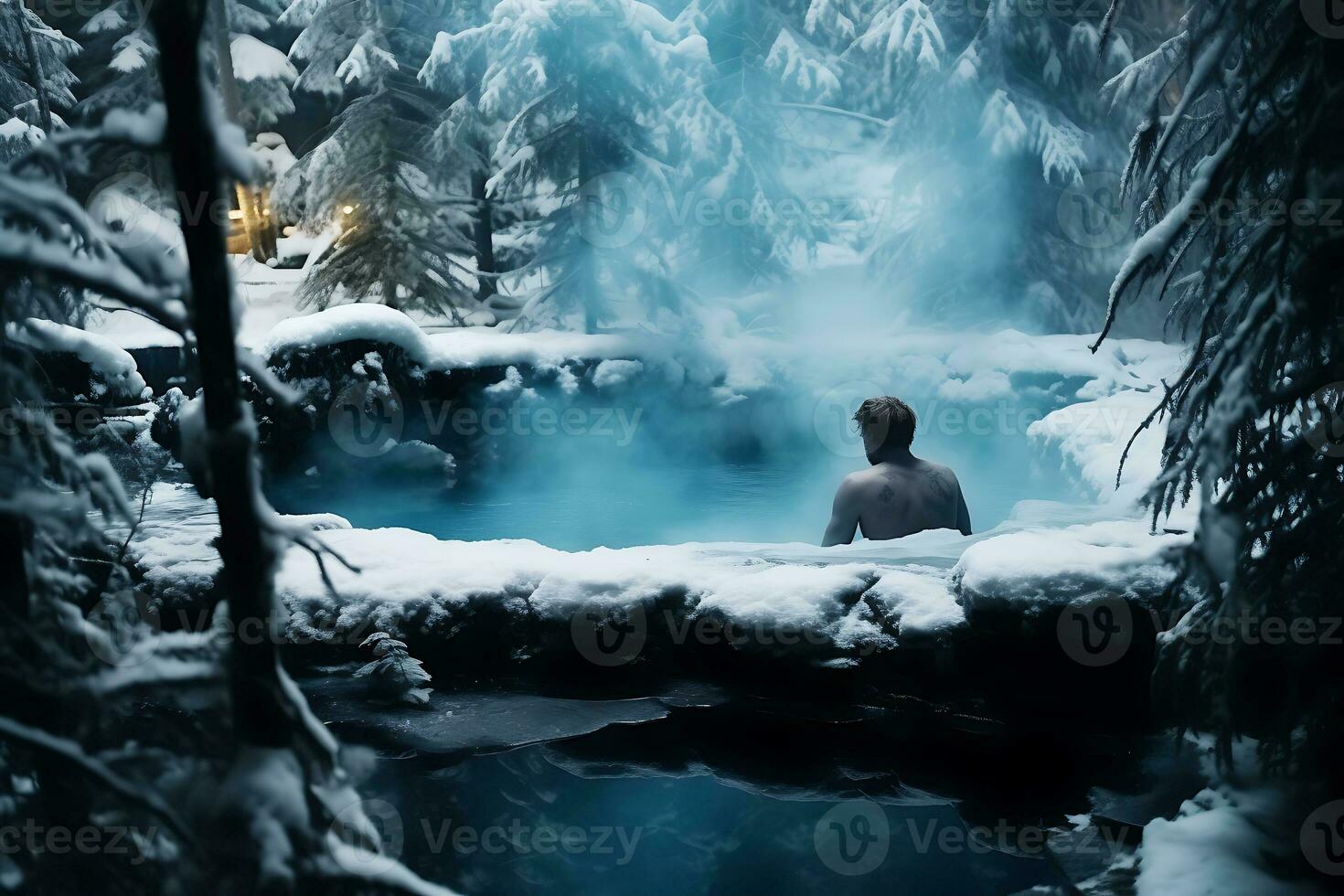 AI generated The hot thermal spring is located in the middle of a snowy forest. A man sits in hot water and relaxes. Travel concept to hot springs in winter photo