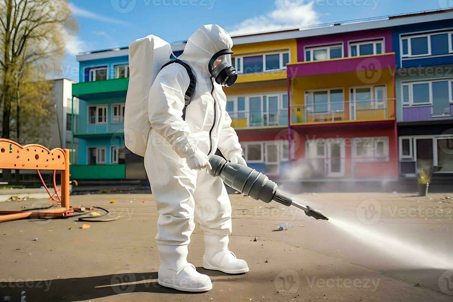 AI generated A man in a white protective suit and mask treats a children's playground with a disinfectant to avoid an outbreak of mycoplasma pneumonia or Covid-19 among children photo