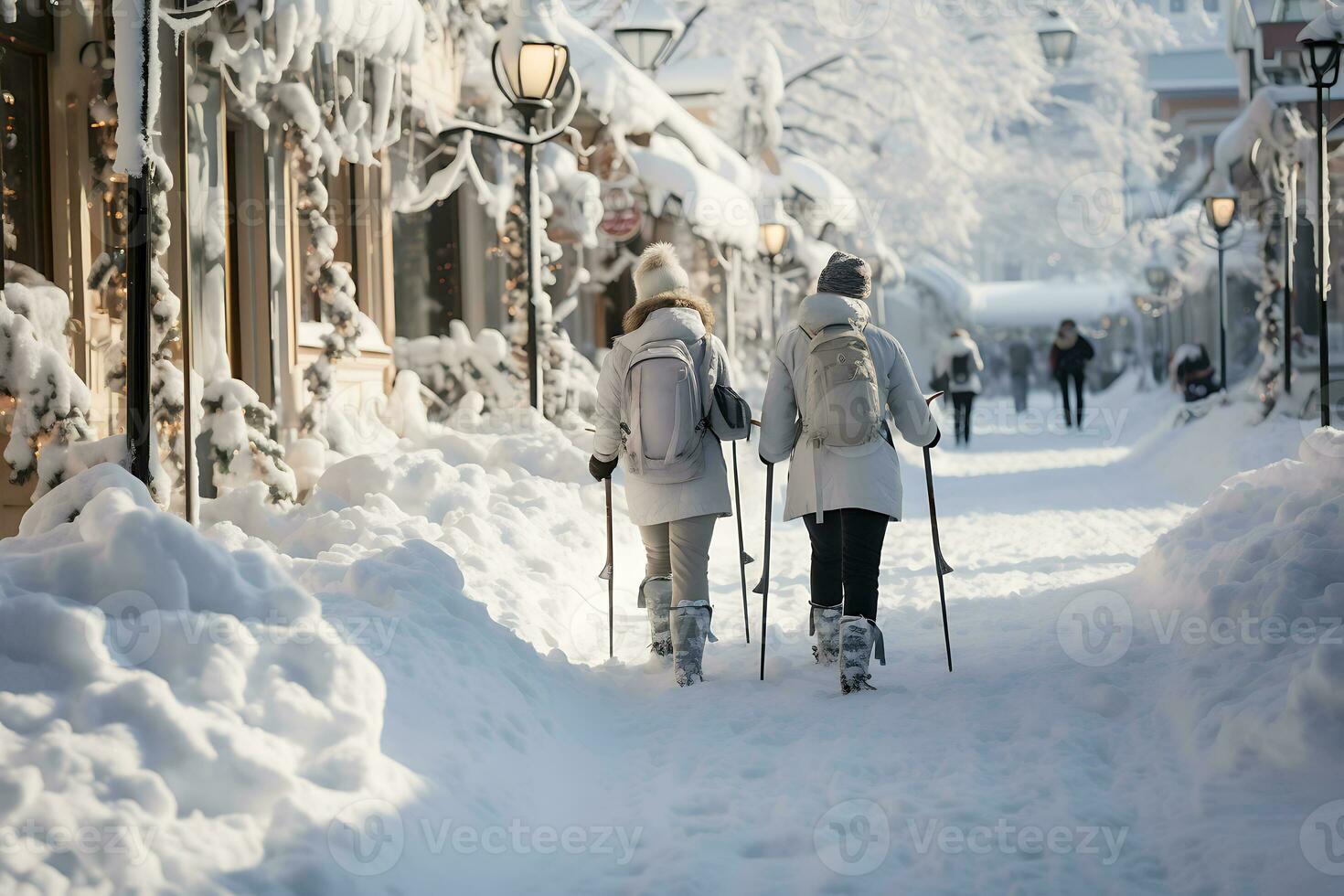 AI generated Huge snowdrifts on the city streets after a snowstorm. People have difficulty walking on the street, some use ski poles to get around photo