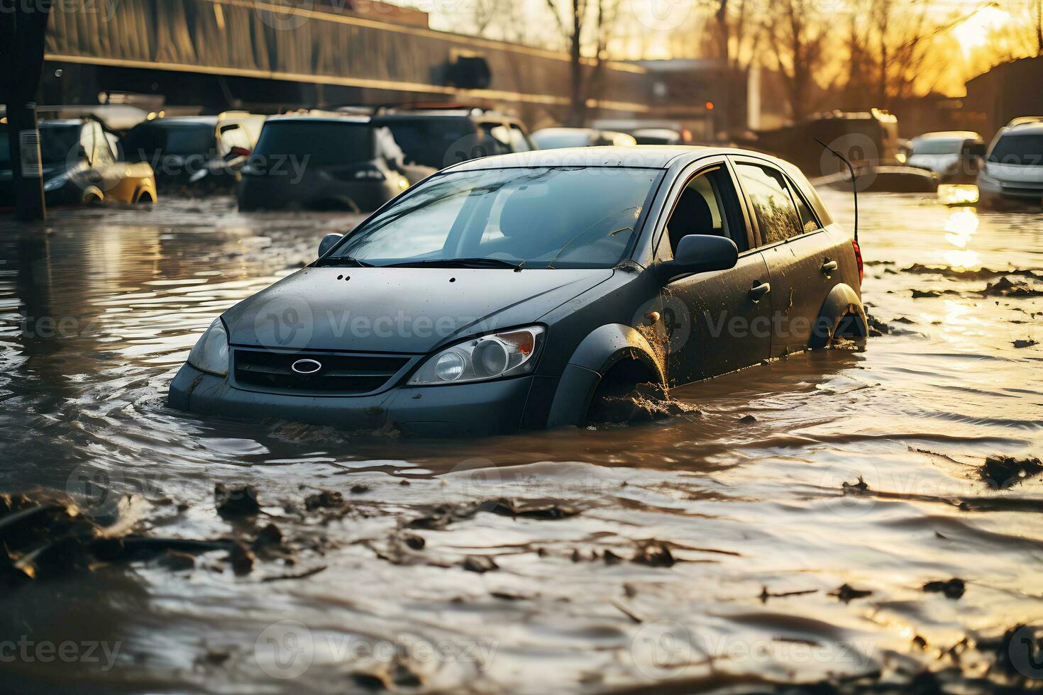 AI generated High water level on a city street from a flood, after a rainstorm or an avalanche. Cars are flooded. The concept of natural disaster insurance and life and property insurance. photo