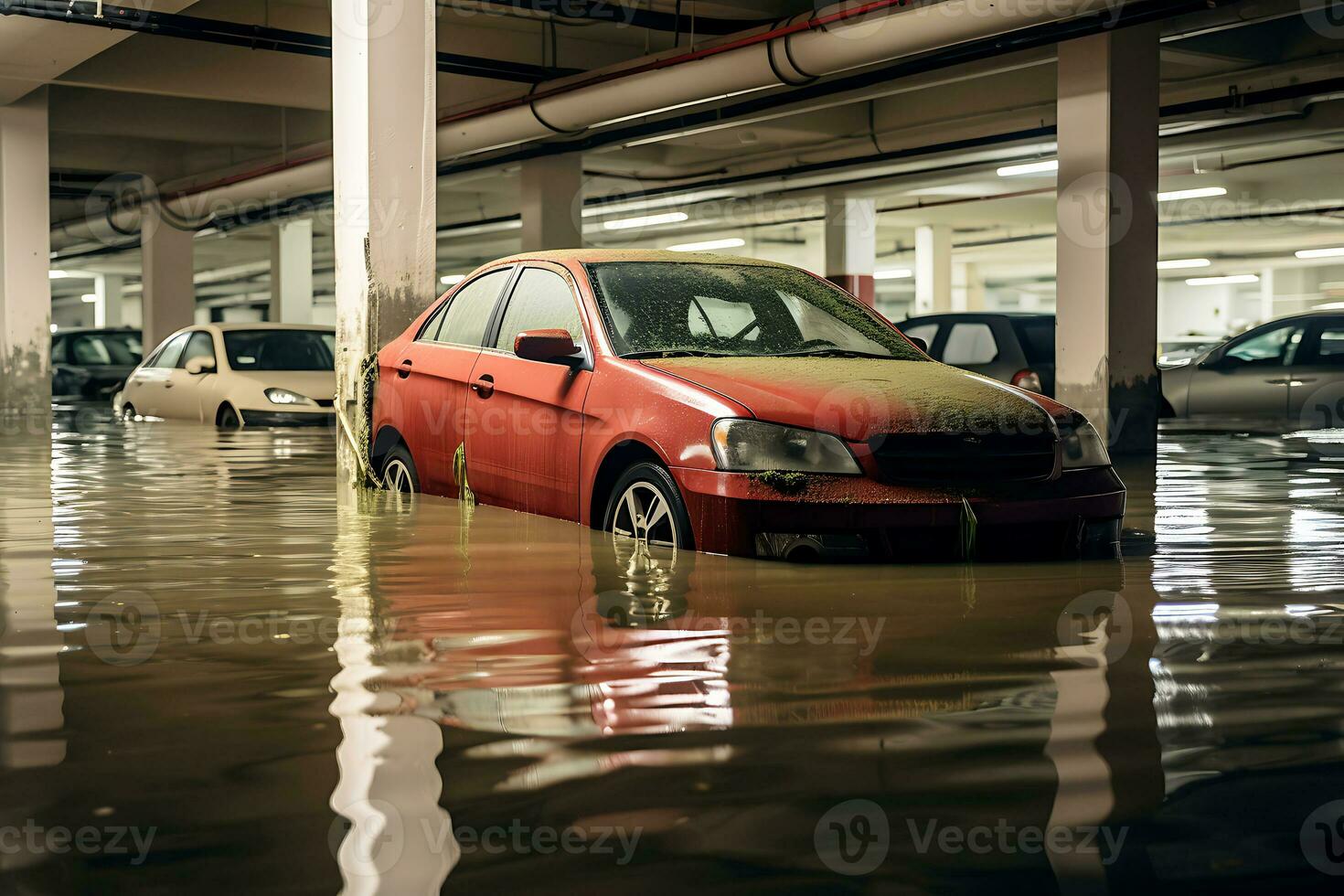 AI generated High water level on a city street from a flood, after a rainstorm or an avalanche. Cars are flooded. The concept of natural disaster insurance and life and property insurance. photo