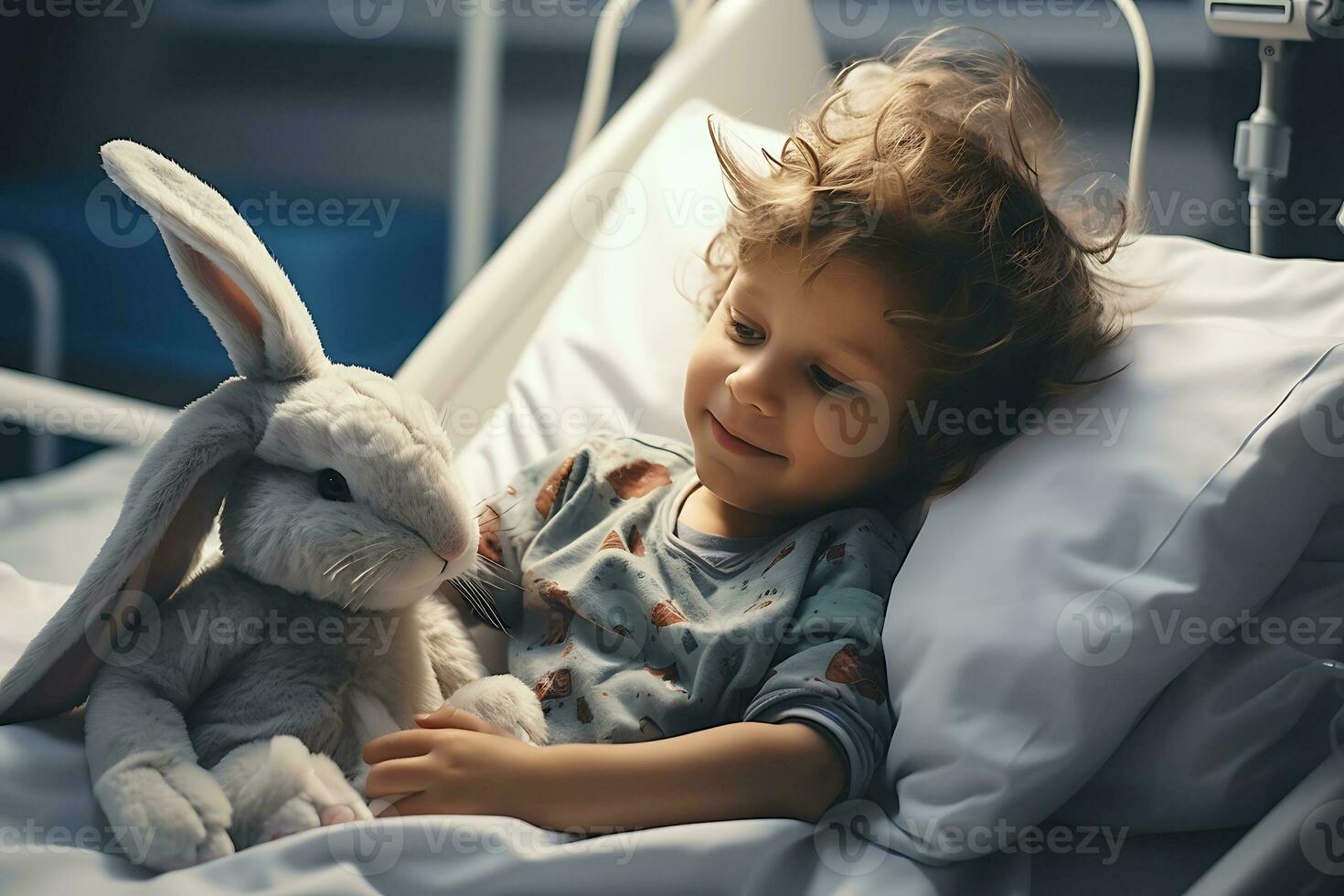 AI generated A sick boy lies on a hospital bed in a hospital with a toy hare. The boy looks at the toy and smiles photo