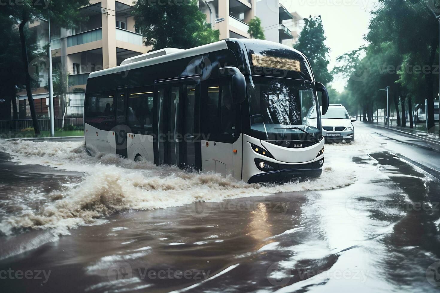 AI generated A city bus drives along a city street flooded as a result of a flood or storm. photo