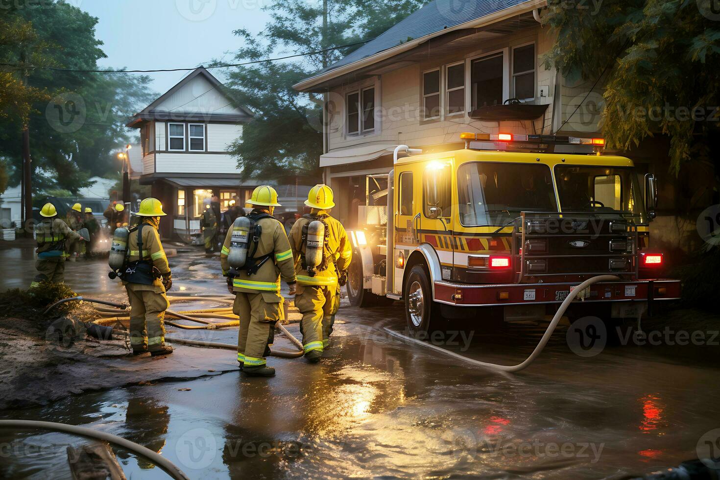 AI generated As a result of the flood, city streets and the first floors of buildings were flooded. Rescuers pump water out of buildings photo