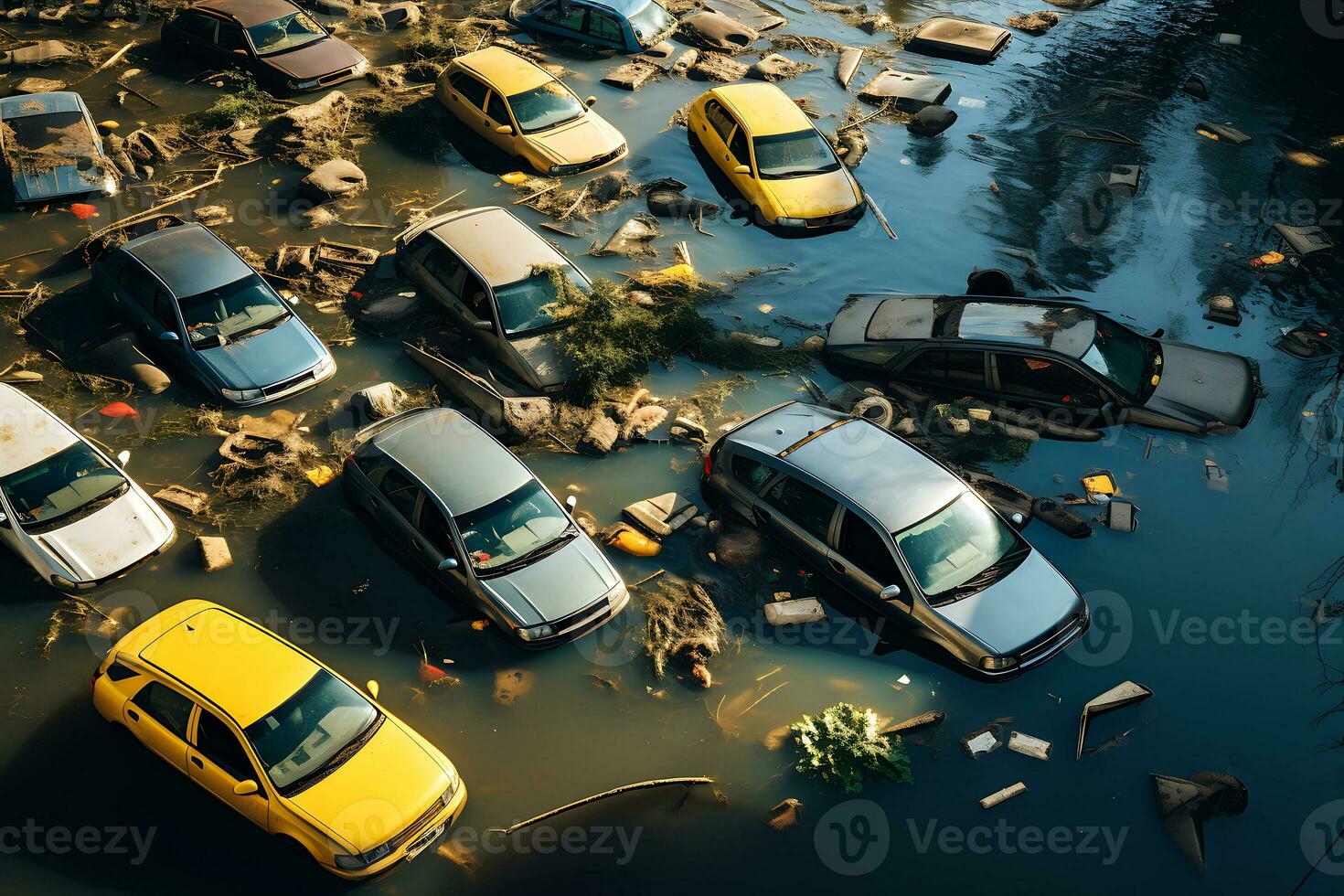 AI generated Cars in the parking lot are in water due to flooding. Aerial view photo