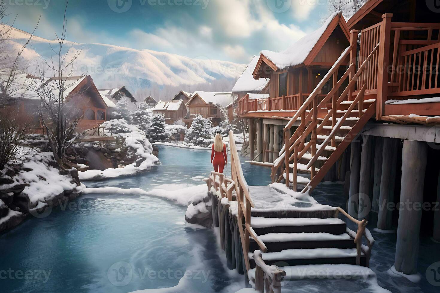 AI generated Hot thermal spring in the middle of snowy forest and mountains. Near the source there is a hotel including wooden guest houses. Travel concept to hot springs in winter photo