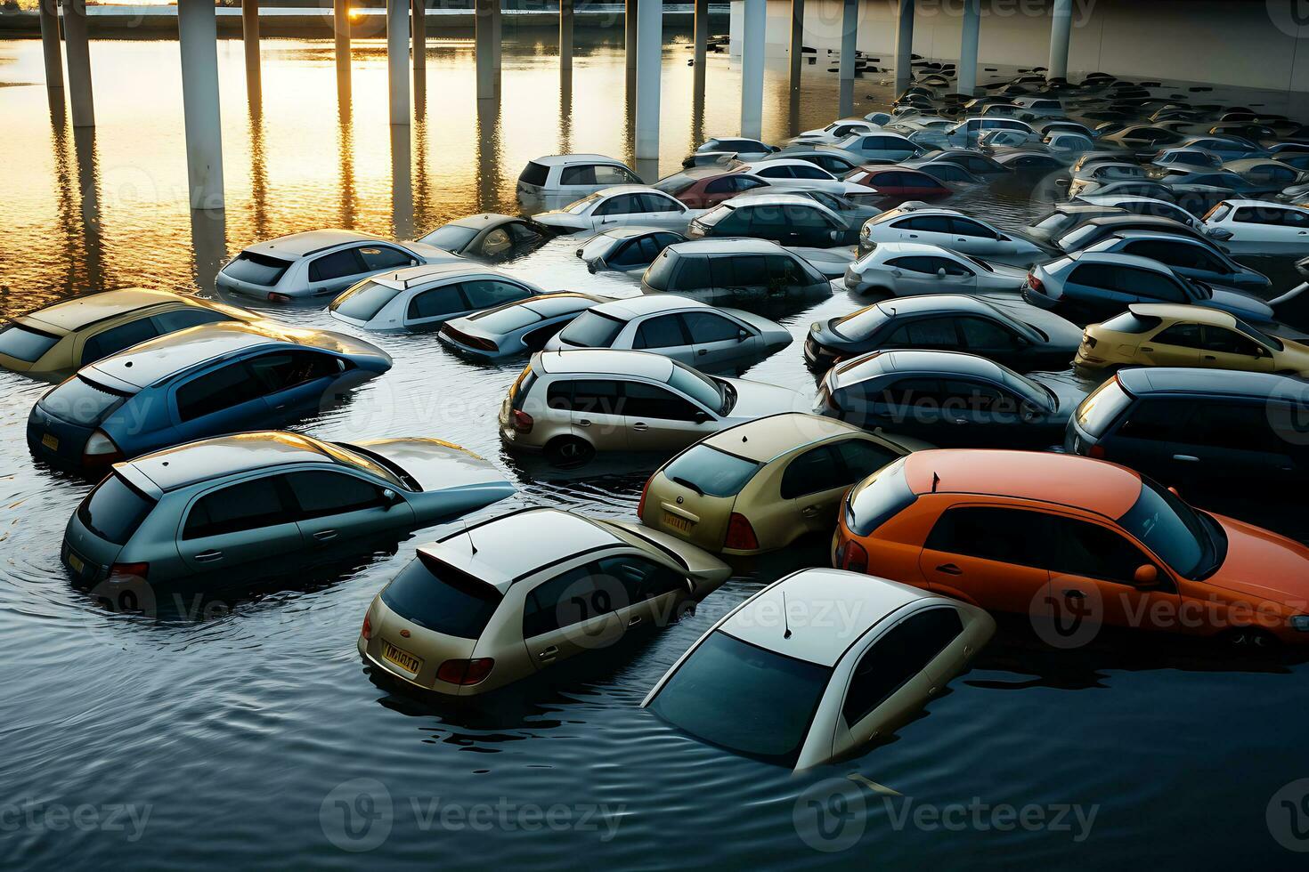 AI generated Cars in the parking lot are in water due to flooding. Aerial view photo