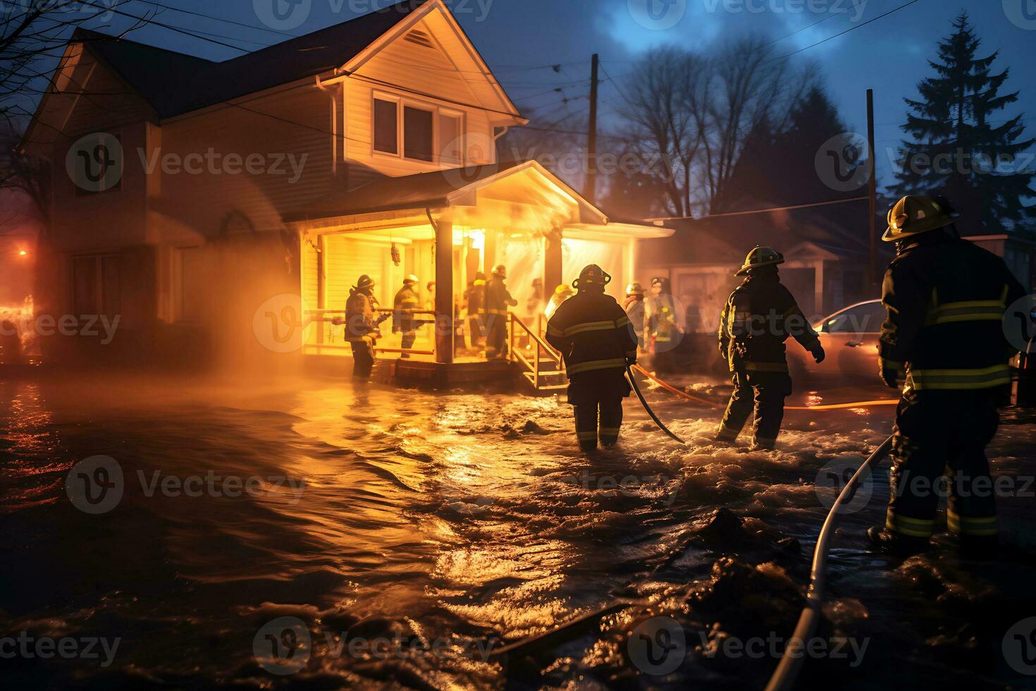 ai generado como un resultado de el inundación, ciudad calles y el primero pisos de edificios fueron inundado rescatadores bomba agua fuera de edificios foto