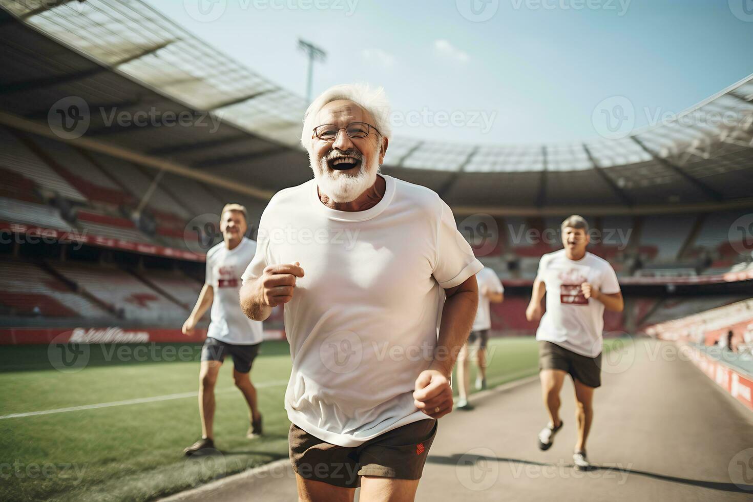 AI generated A group of elderly men with gray hair in sportswear run through the stadium in sunny weather photo