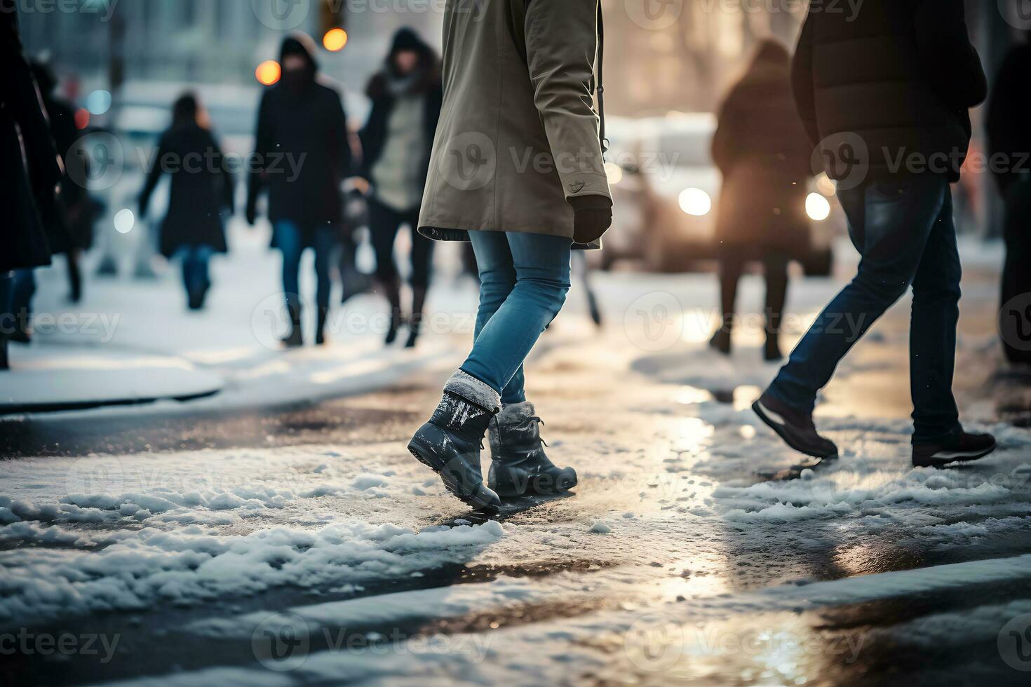 AI generated A crowd of people walks along a snowy city street. Bad weather concept in winter photo