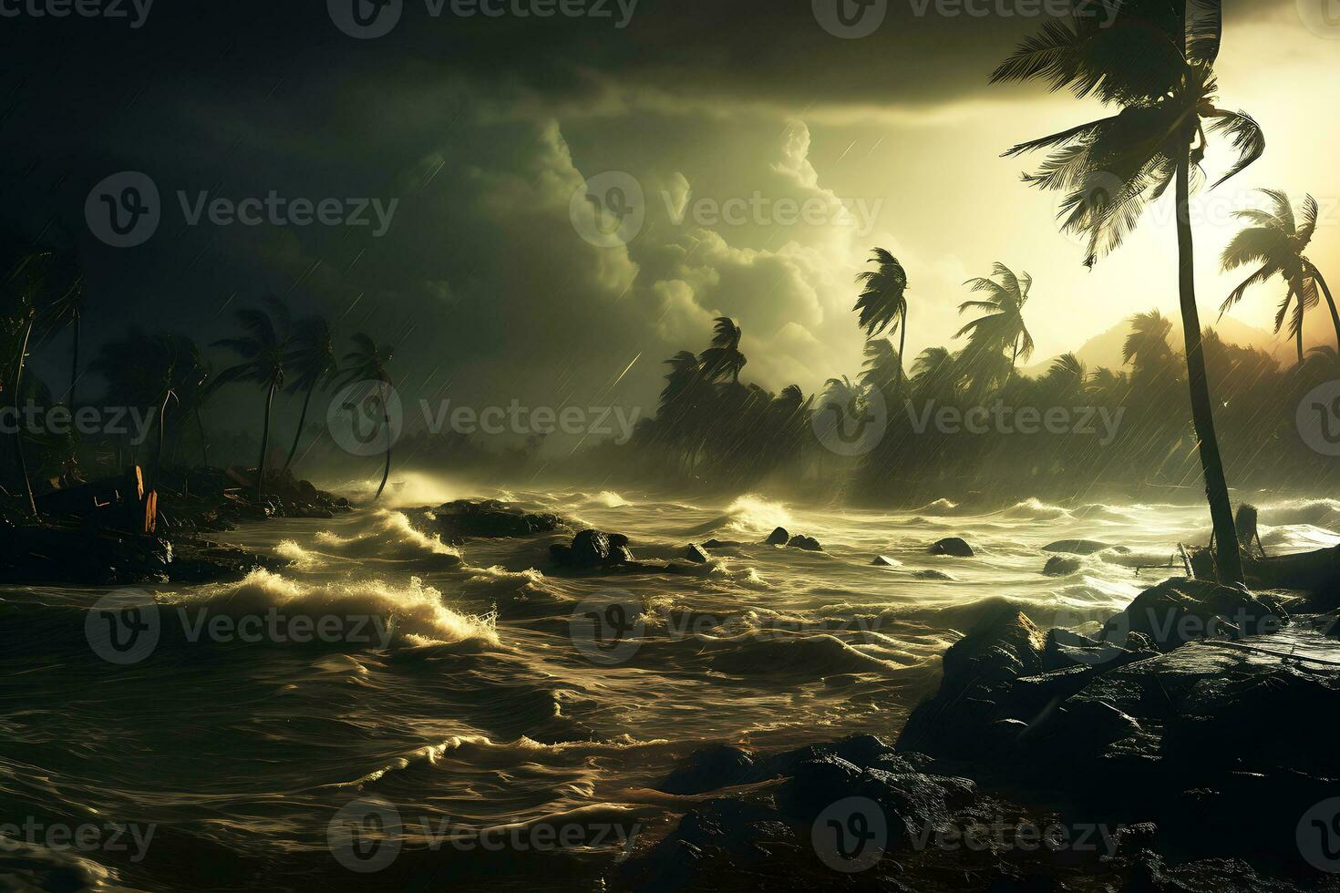 AI generated Hurricane blows away palm trees on the ocean coast. photo