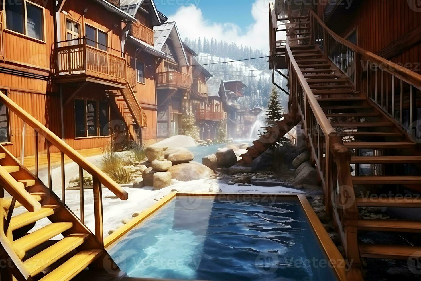 AI generated The hot thermal spring pool is located within the hotel's wooden outbuildings. Travel concept to hot springs in winter photo