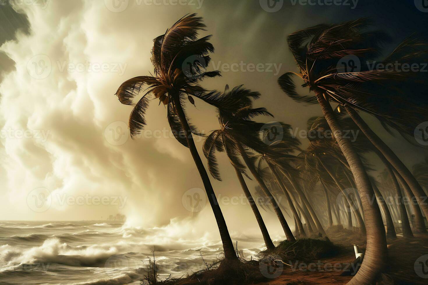 AI generated Hurricane blows away palm trees on the ocean coast. photo