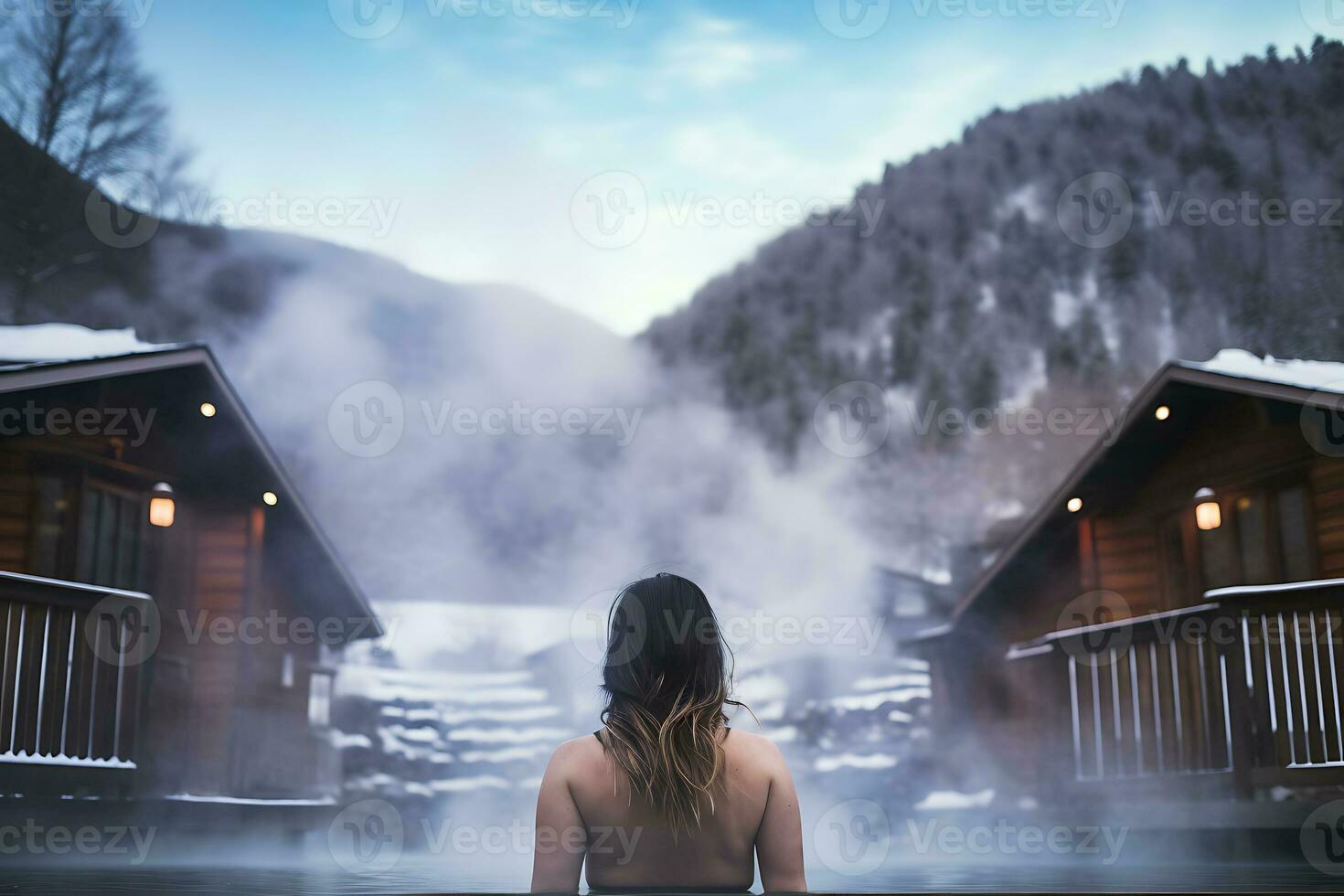 AI generated A girl swims with her back to the camera in a hot thermal spring on the hotel grounds in the middle of a snowy forest and mountains. Travel concept to hot springs in winter photo