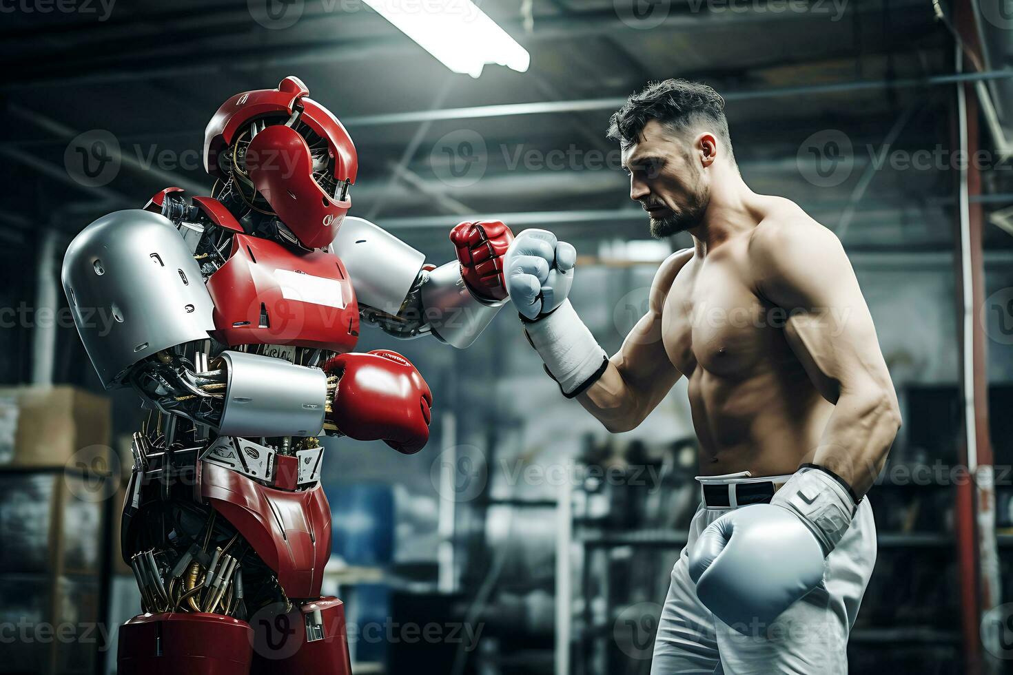 AI generated Scientist engineer teaching robot boxer or testing it in laboratory photo