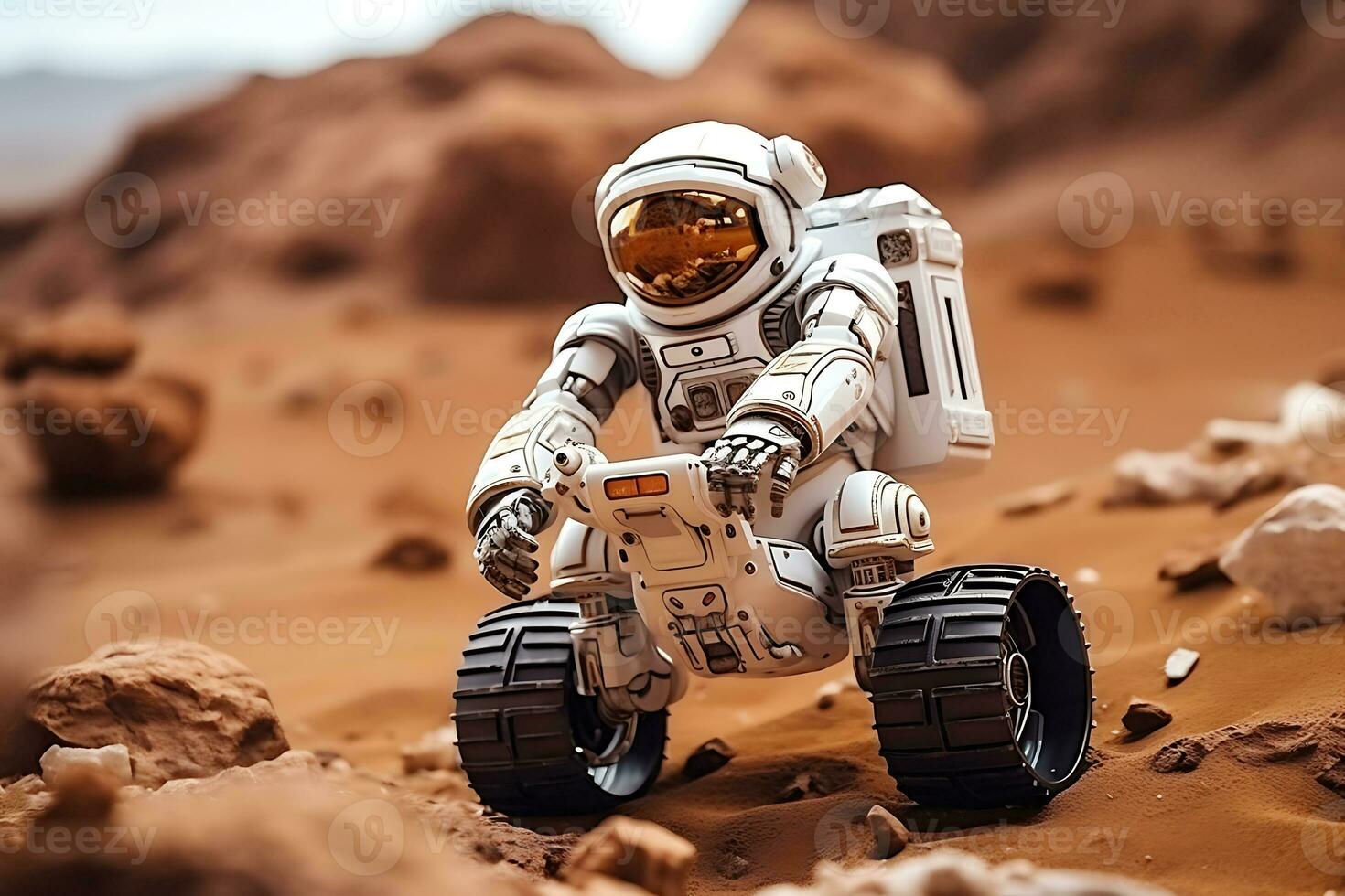 AI generated A humanoid robot on wheels explores the surface of the planet Mars photo